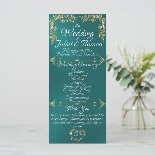 Elegant Script & Gold Leaves - Teal Wedding Programme (Standing Front)