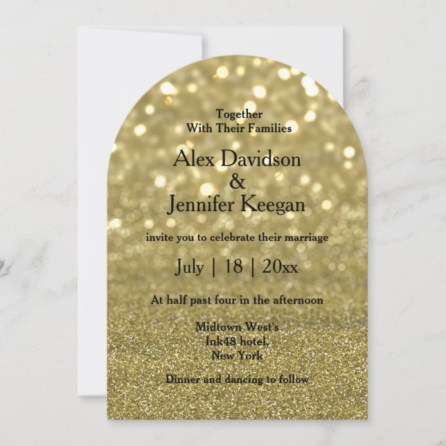 elegant script gold luxury sparkles arch wedding invitation (Front)