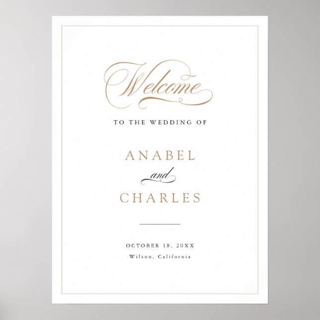 Elegant Script Gold Modern Wedding Welcome Sign (Front)