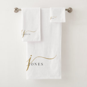Elegant Script Gold Monogram Initials Name  Bath Towel Set
