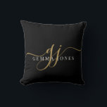 Elegant Script Gold Monogram Initials Name Black Cushion<br><div class="desc">A chic modern stylish throw pillow featuring a gold black monogram with a dramatic script initial with swashes and your full name. Simple elegance. The background has a visual textured effect. Gold on black.</div>