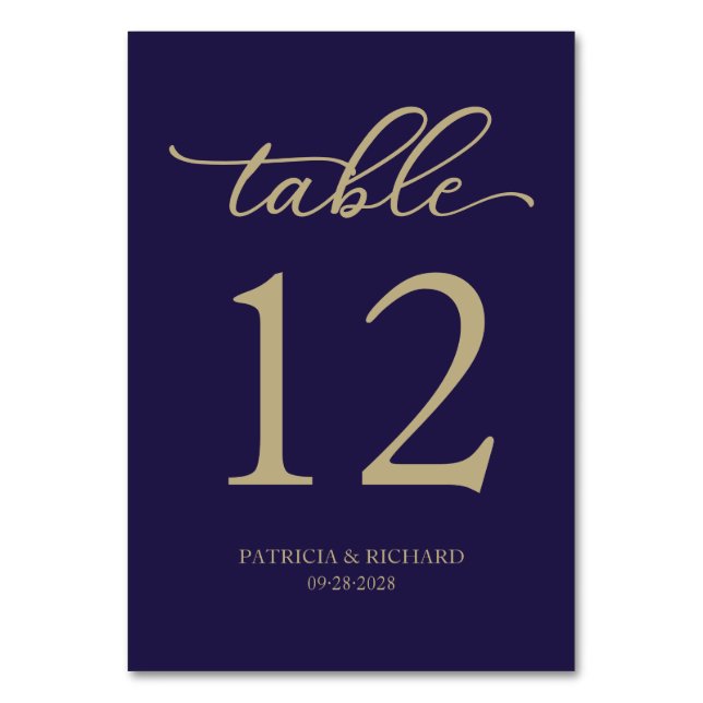 Elegant Script Gold Navy Blue Wedding Table Number (Front)