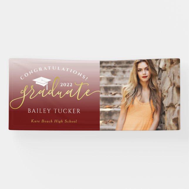 Elegant Script Gold Red Graduation Announcement Banner (Horizontal)