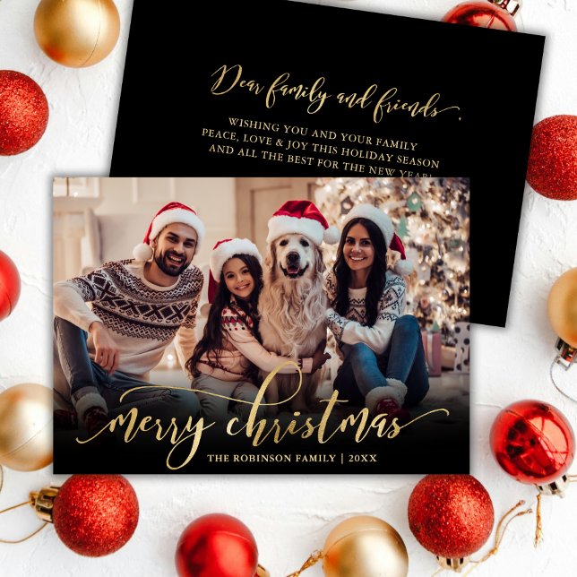 Elegant Script Gold Script Black Photo Christmas Holiday Card (Creator Uploaded)