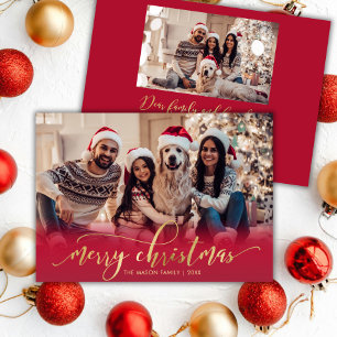 Elegant Script Gold Script Red 2 Photo Christmas Holiday Card
