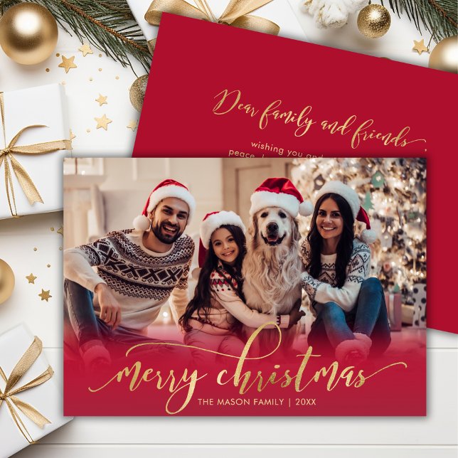 Elegant Script Gold Script Red One Photo Christmas Holiday Card (Creator Uploaded)