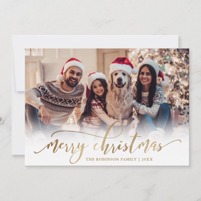 Elegant Script Gold Script Single Photo Christmas Holiday Card (Front)