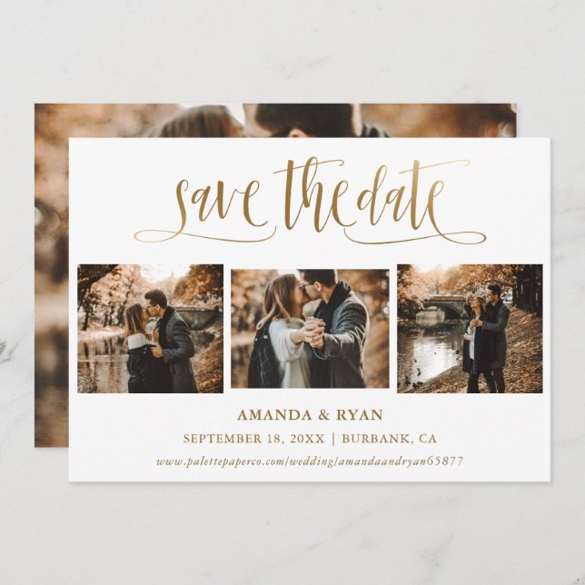 Elegant Script Gold Wedding 4 Photo Save The Date (Front/Back)