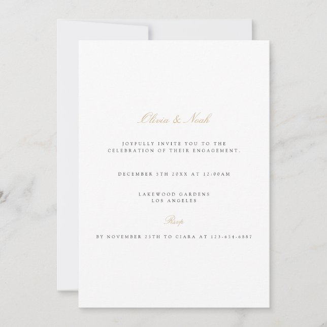 Elegant Script Gold & White Engagement Invitation (Front)