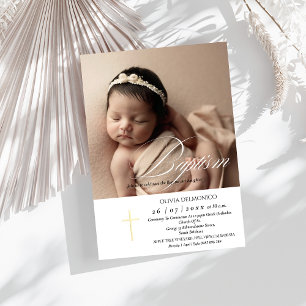Elegant Script Golden Overlay Cross Photo Baptism Invitation