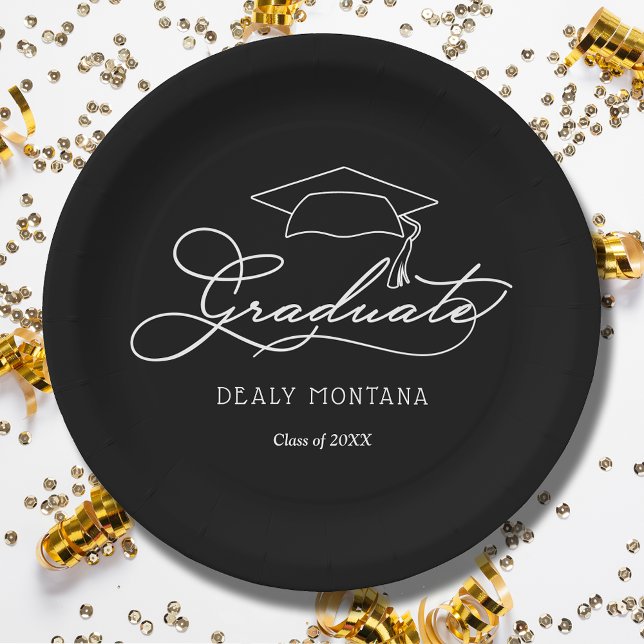 Elegant Script Grad Cap Black Graduation Plates (White script grad cap on black personalized graduation party paper plates, napkins in our store)