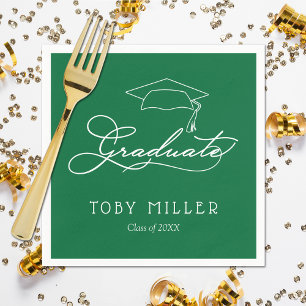 Elegant Script Grad Cap Green Graduation Napkins