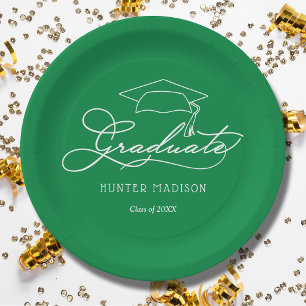 Elegant Script Grad Cap Green Graduation Plates