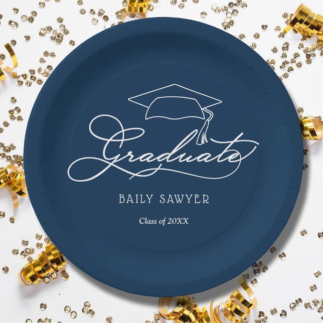 Elegant Script Grad Cap Navy Blue Graduation Paper Plate (White script grad cap on navy blue personalized graduation party paper plates, napkins in our store)