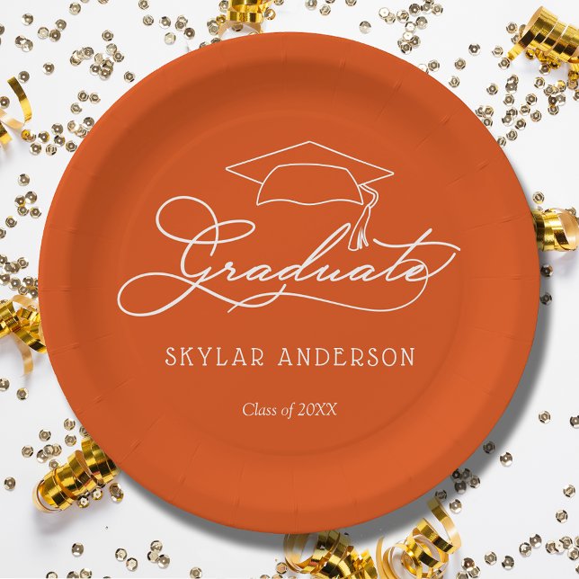 Elegant Script Grad Cap Orange Graduation Paper Plate (White script grad cap on orange personalized graduation party paper plates, napkins in our store)