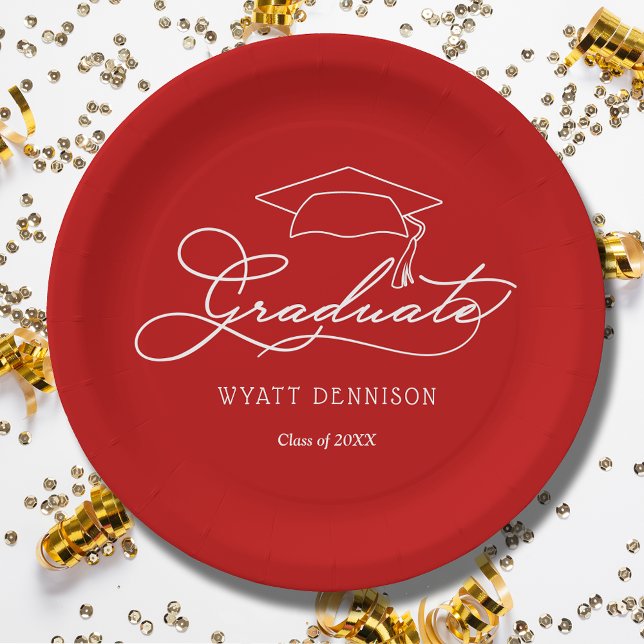 Elegant Script Grad Cap Scarlet Red Graduation Paper Plate (White script grad cap on scarlet red personalized graduation paper plates, napkins in our store)