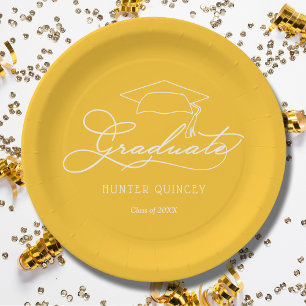 Elegant Script Grad Cap Yellow Gold Graduation Paper Plate