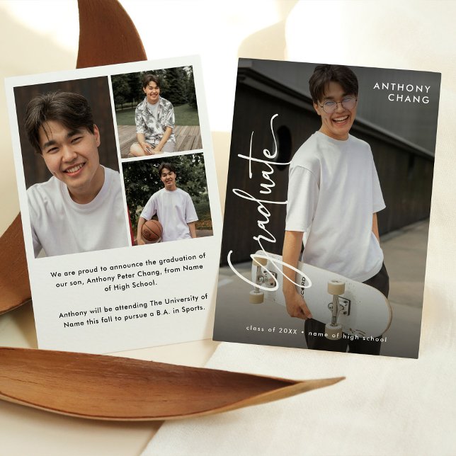 Elegant Script Graduate 4 Photo Collage Graduation Announcement (Creator Uploaded)