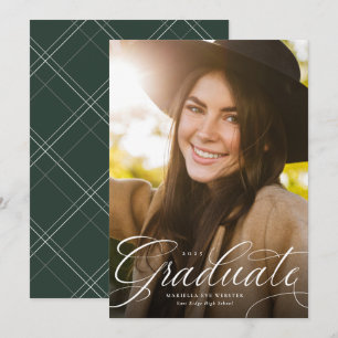 Elegant script graduate green vertical graduation announcement