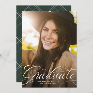 Elegant script graduate green vertical graduation announcement