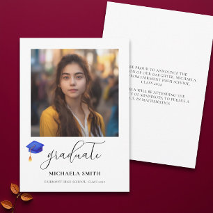 Elegant Script Graduate Photo Blue Graduation Cap Announcement