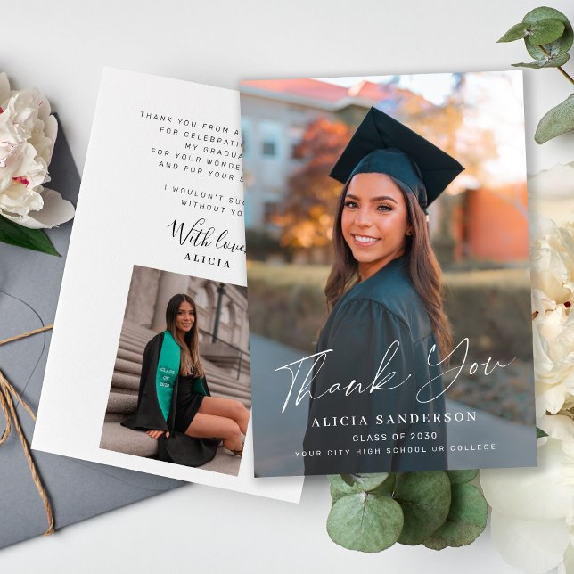 Elegant script graduate photo graduation thank you card (Creator Uploaded)