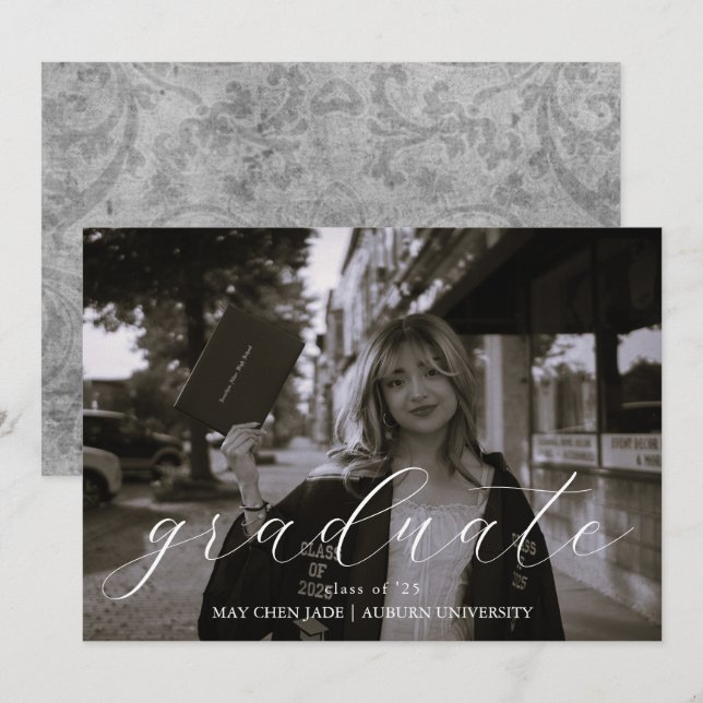 Elegant Script Graduation Announcement Card (Front/Back)