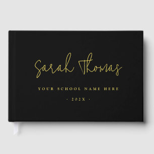 Elegant script graduation name school black guest book