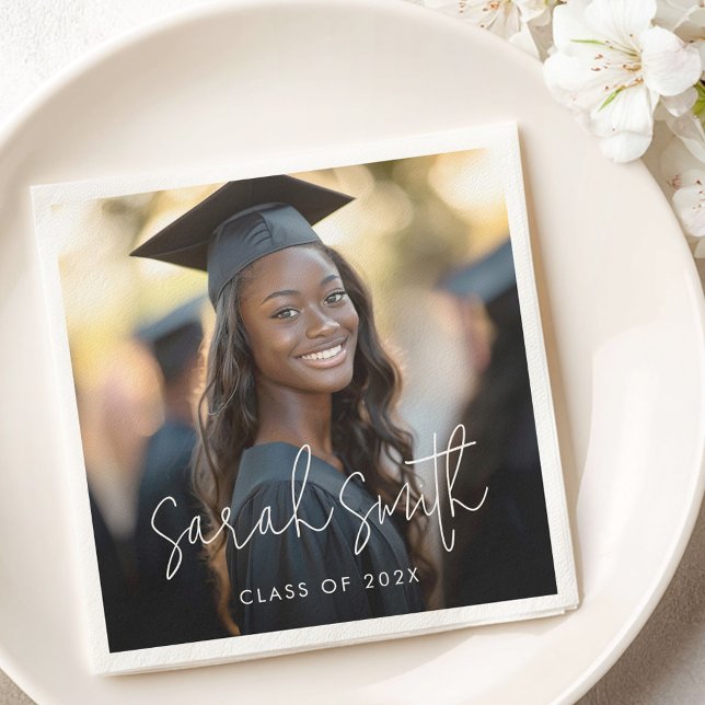 Elegant script graduation photo graduate name napkin (Elegant script graduation photo graduate name napkins)