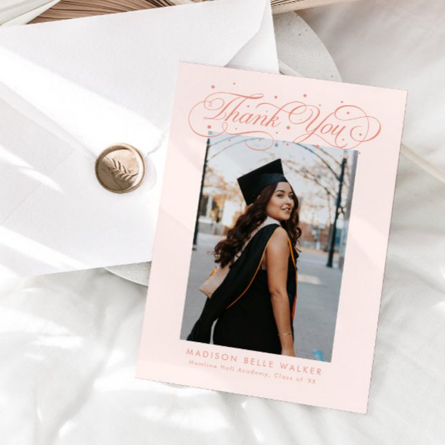 Elegant Script Graduation Photo Peach Thank You Card (Creator Uploaded)