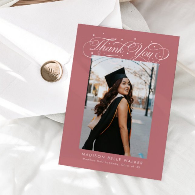 Elegant Script Graduation Photo Pink Thank You Card (Creator Uploaded)