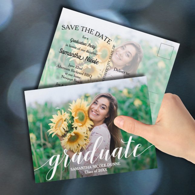 Elegant Script Graduation Photo SAVE THE DATE Postcard (Elegant script photo graduation SAVE THE DATE postcards)