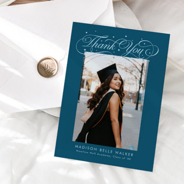 Elegant Script Graduation Photo Teal Thank You Card (Creator Uploaded)