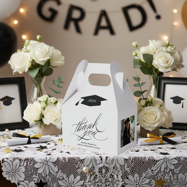 Elegant Script Graduation Thank You Photo Favour Box (Elegant Graduation Favor Box | Graduation Gable Favor Box)