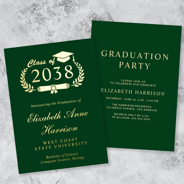 Elegant Script Green College Graduation Party (An elegant foil graduation party invitation to celebrate the graduate's achievements)