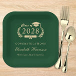 Elegant Script Green Gold Graduation Party Paper Plate<br><div class="desc">Elegant green and gold graduation party paper plates featuring "Class of" in a laurel wreath with a grad cap and diploma,  the graduate's name in a formal script,  and "Congratulations" and their school name in modern classic typography.</div>