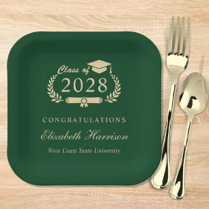 Elegant Script Green Gold Graduation Party Paper Plate