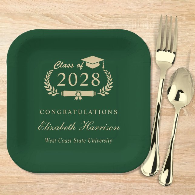Elegant Script Green Gold Graduation Party Paper Plate (Creator Uploaded)