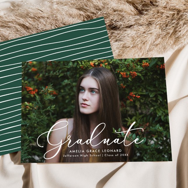 Elegant Script Green Photo Graduation Announcement (Creator Uploaded)