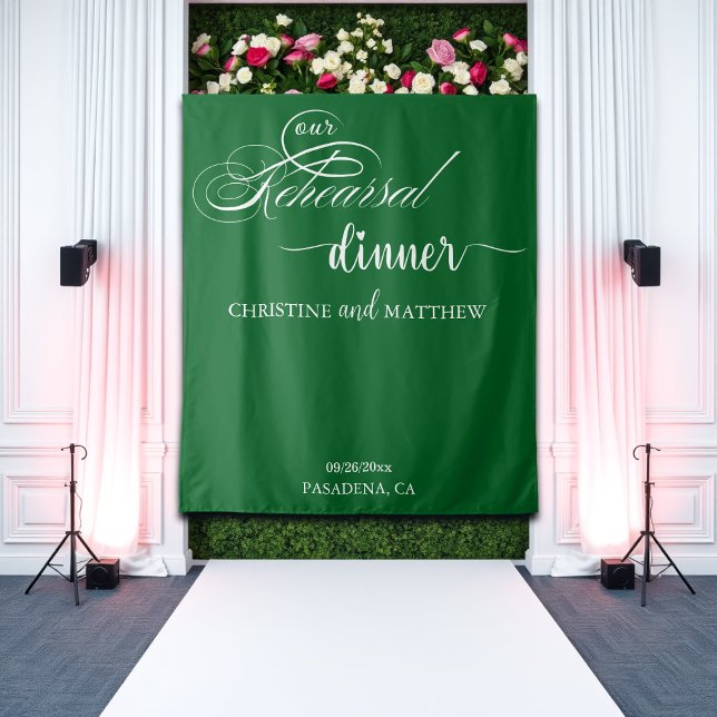 Elegant Script Green Rehearsal Dinner Backdrop Tapestry (Creator Uploaded)