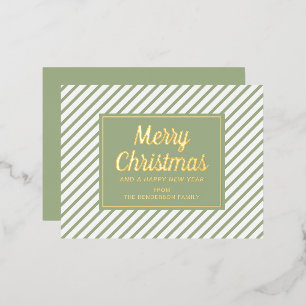Elegant Script Green Stripes Merry Christmas Gold Foil Holiday Postcard