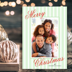 Elegant Script Green Vertical Stripes Photo Holiday Card