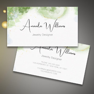 Elegant Script Green Watercolor Gold Business Card