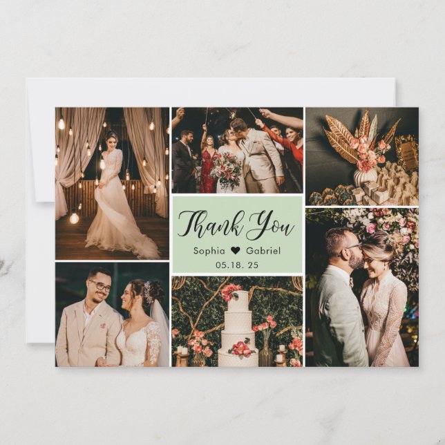 Elegant Script Green Wedding Multi Photo Collage Thank You Card (Front)