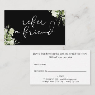 Elegant Script Greenery Floral Black And White Referral Card