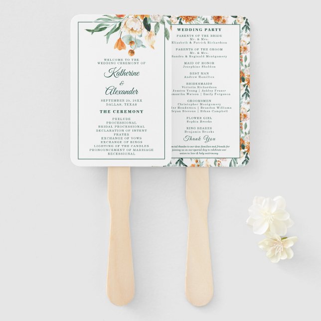 Elegant Script Greenery Floral Wedding Ceremony  Hand Fan (Front and Back)