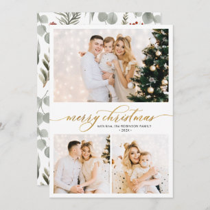 Elegant Script Greenery Foliage 3 Photo Christmas Holiday Card