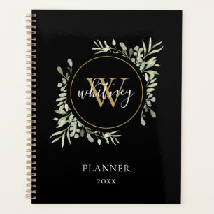 Elegant Script Greenery Monogram Black 2023 Planner