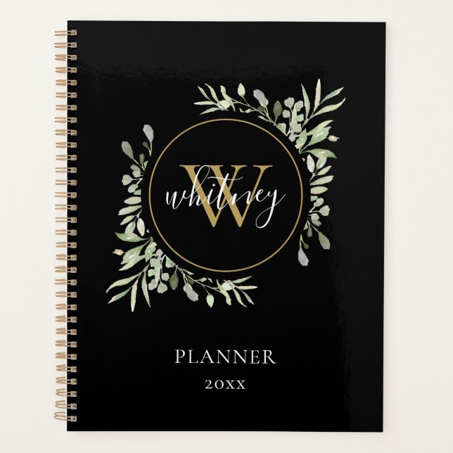 Elegant Script Greenery Monogram Black 2023 Planner (Front)