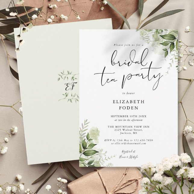 Elegant Script Greenery Monogram Bridal Tea Party Invitation (Elegant Script Greenery Monogram Bridal Tea Party Invitation)